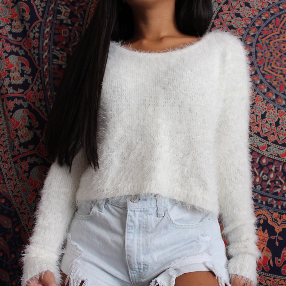 Cropped super fluffy white sweater